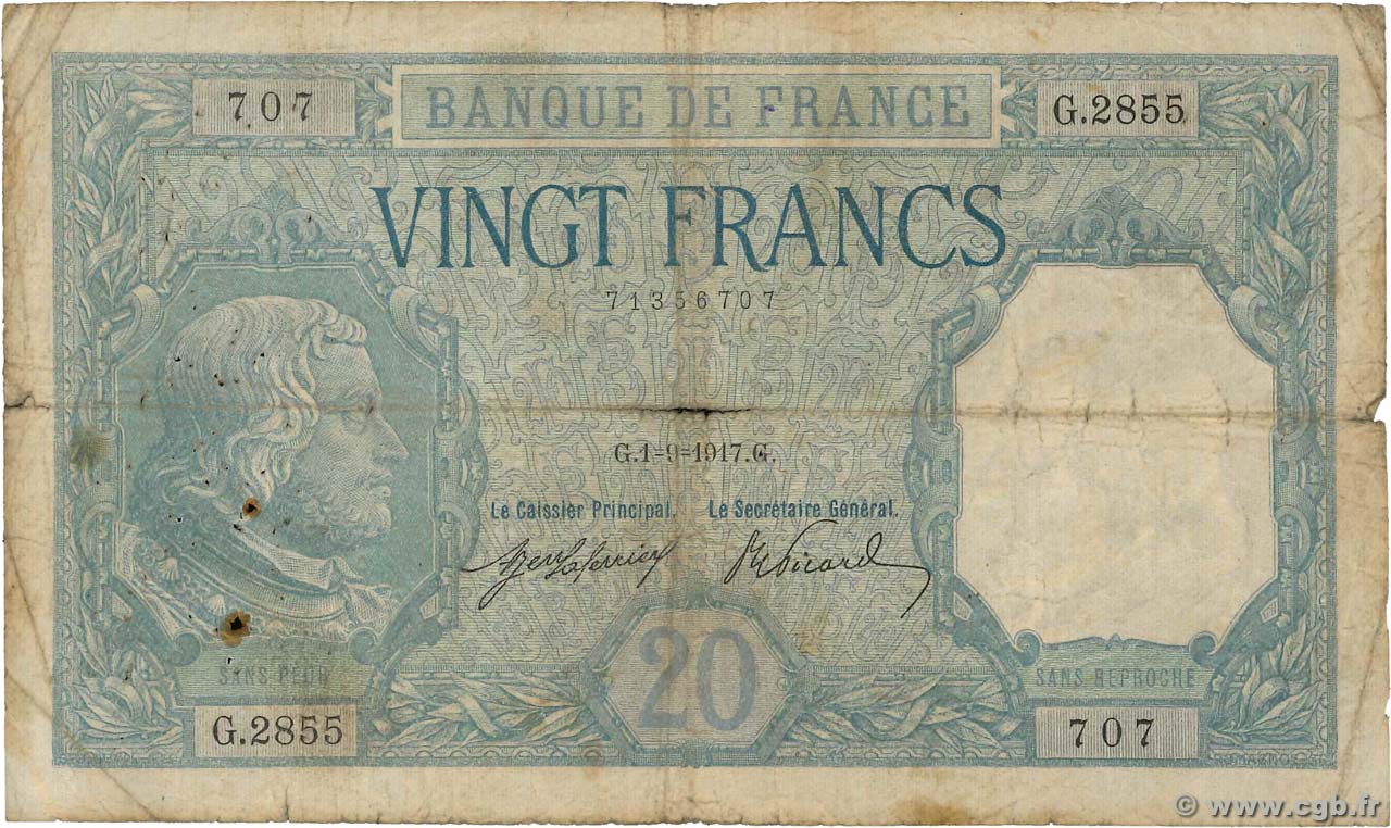 20 Francs BAYARD FRANKREICH  1917 F.11.02 fSGE