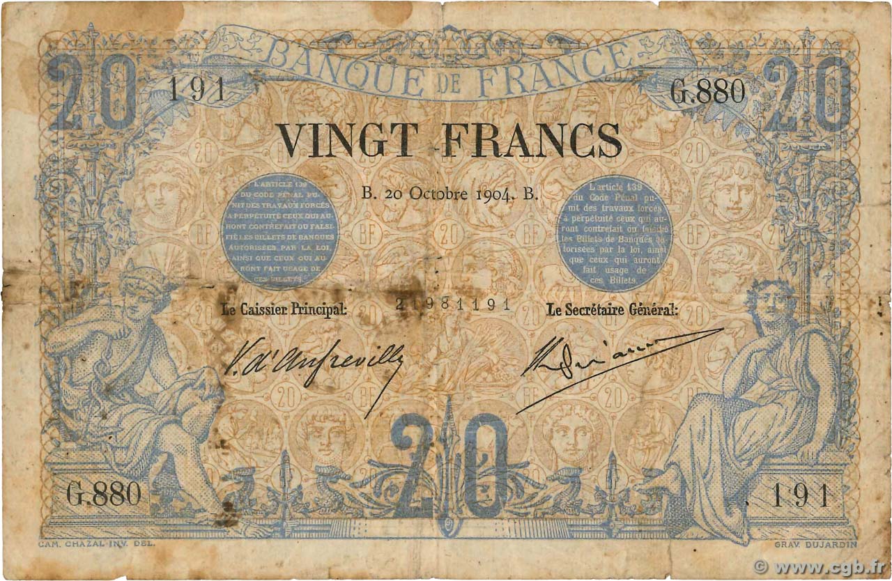 20 Francs NOIR FRANCE  1904 F.09.03 pr.B