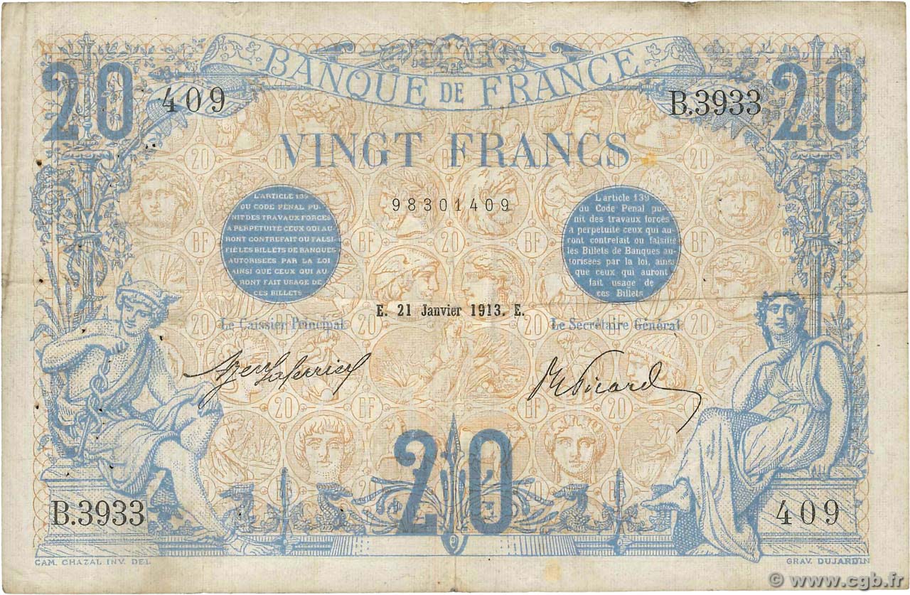 20 Francs BLEU FRANCE  1913 F.10.03 TB