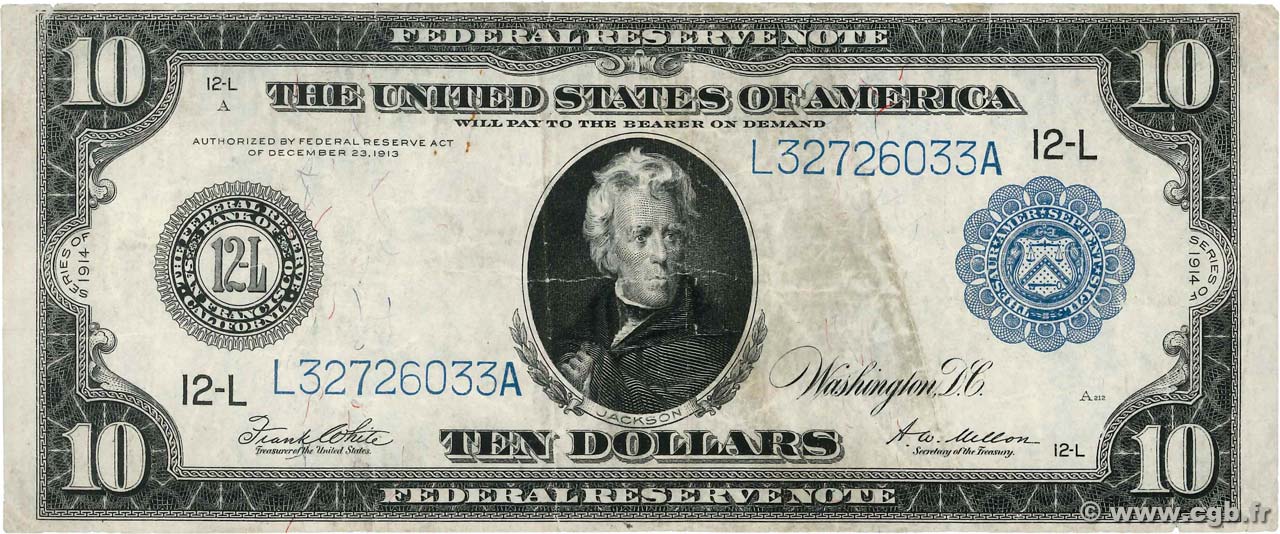 10 Dollars ÉTATS-UNIS D AMÉRIQUE San Francisco 1914 P.360b B+