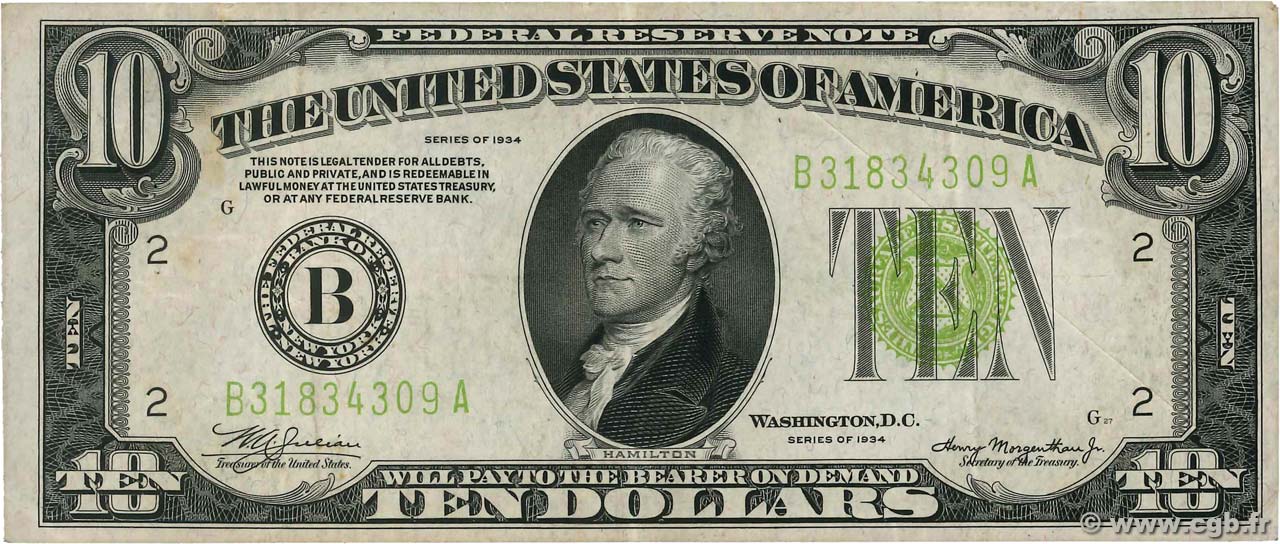 10 Dollars ÉTATS-UNIS D&nbsp;AMÉRIQUE New York 1934 P.430L TTB