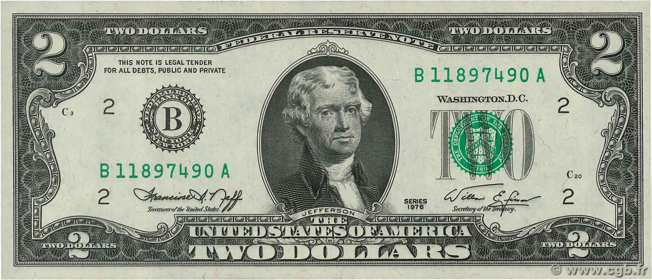 2 Dollars UNITED STATES OF AMERICA New York 1976 P.461B UNC