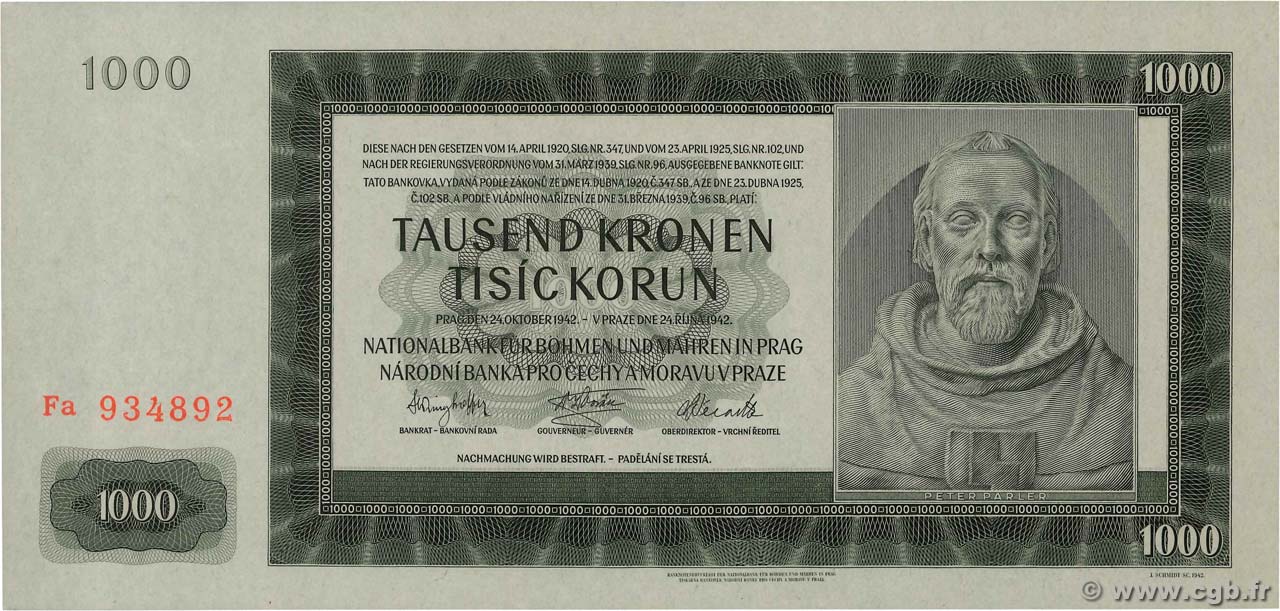 1000 Korun BOEMIA E MORAVIA  1942 P.14a q.FDC
