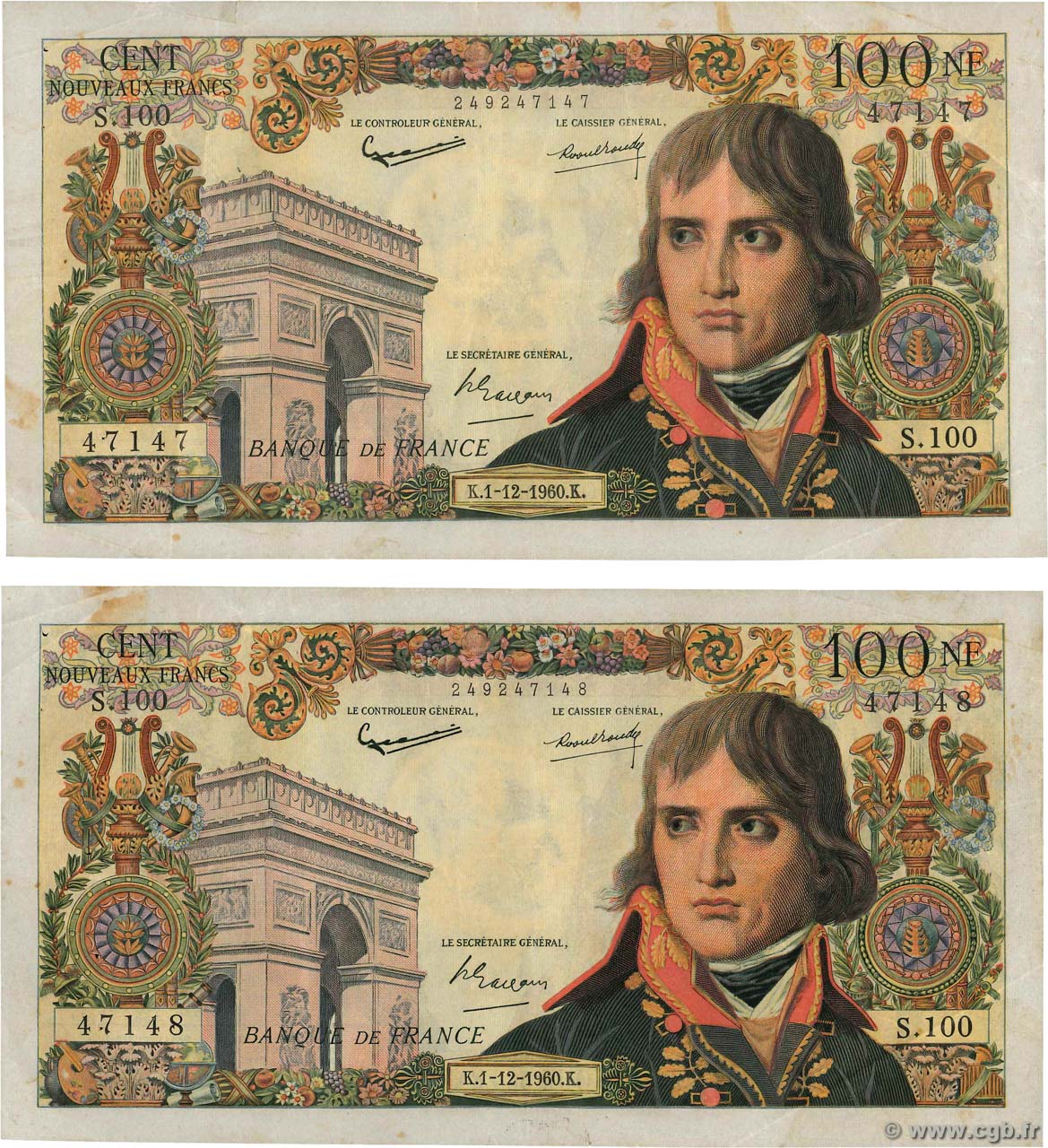 100 Nouveaux Francs BONAPARTE Consécutifs FRANCIA  1960 F.59.09 q.BB