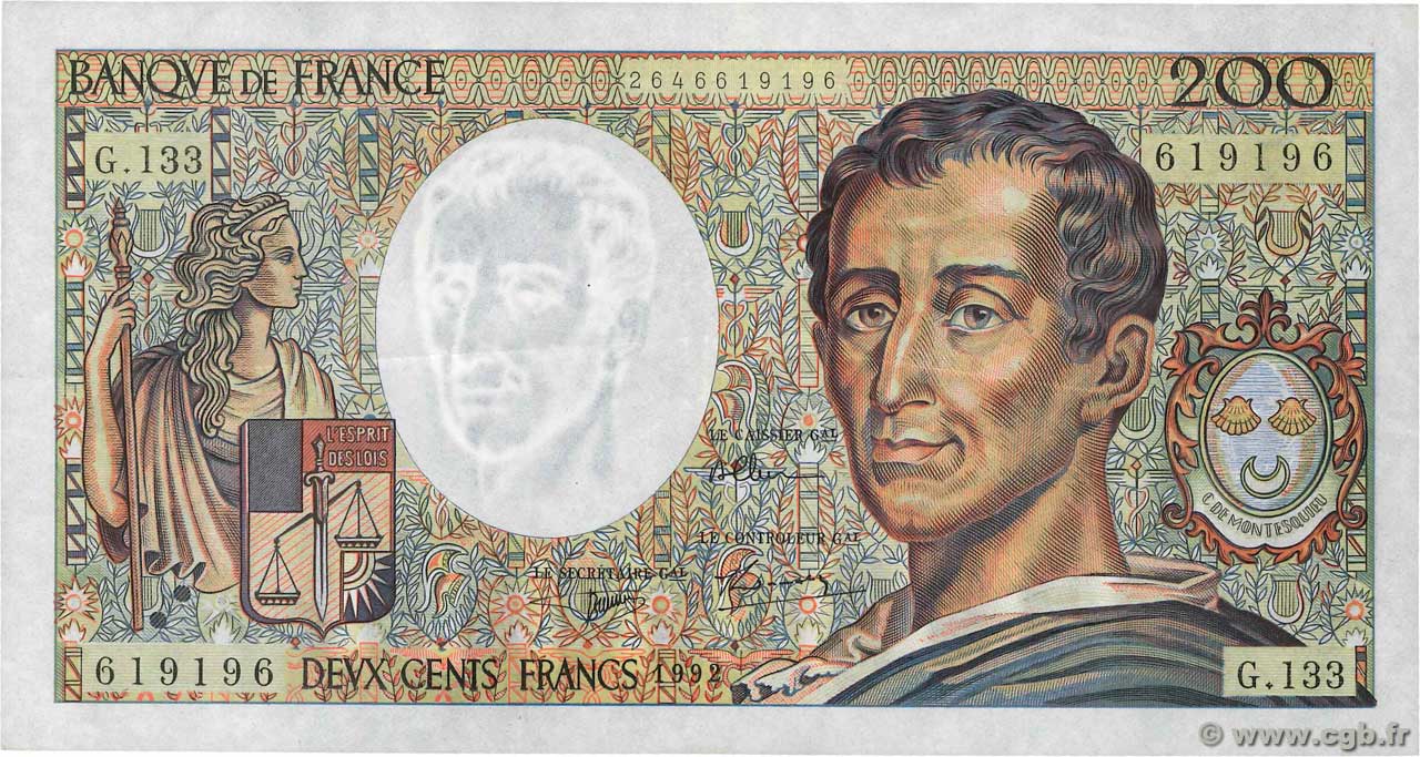 200 Francs MONTESQUIEU FRANCE  1992 F.70.12c TTB+
