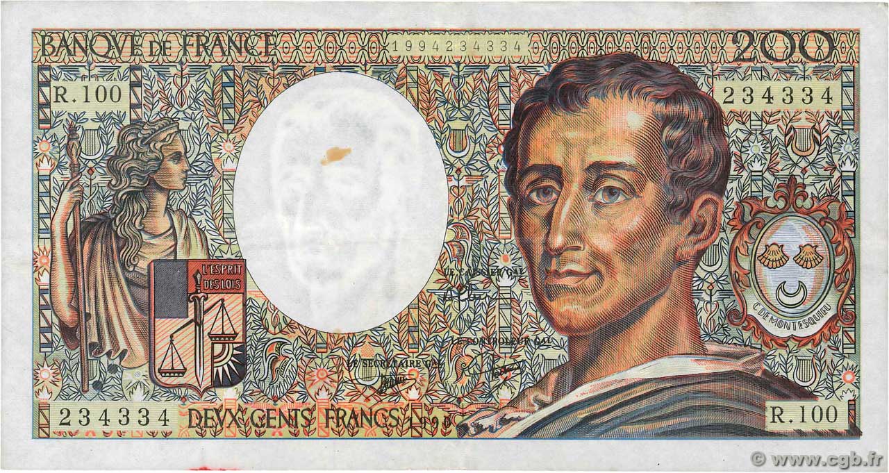 200 Francs MONTESQUIEU FRANKREICH  1990 F.70.10b S