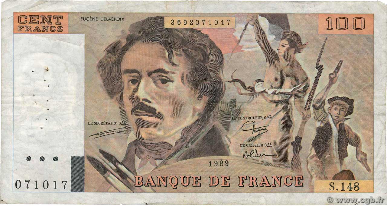 100 Francs DELACROIX modifié FRANCE  1989 F.69.13c B+