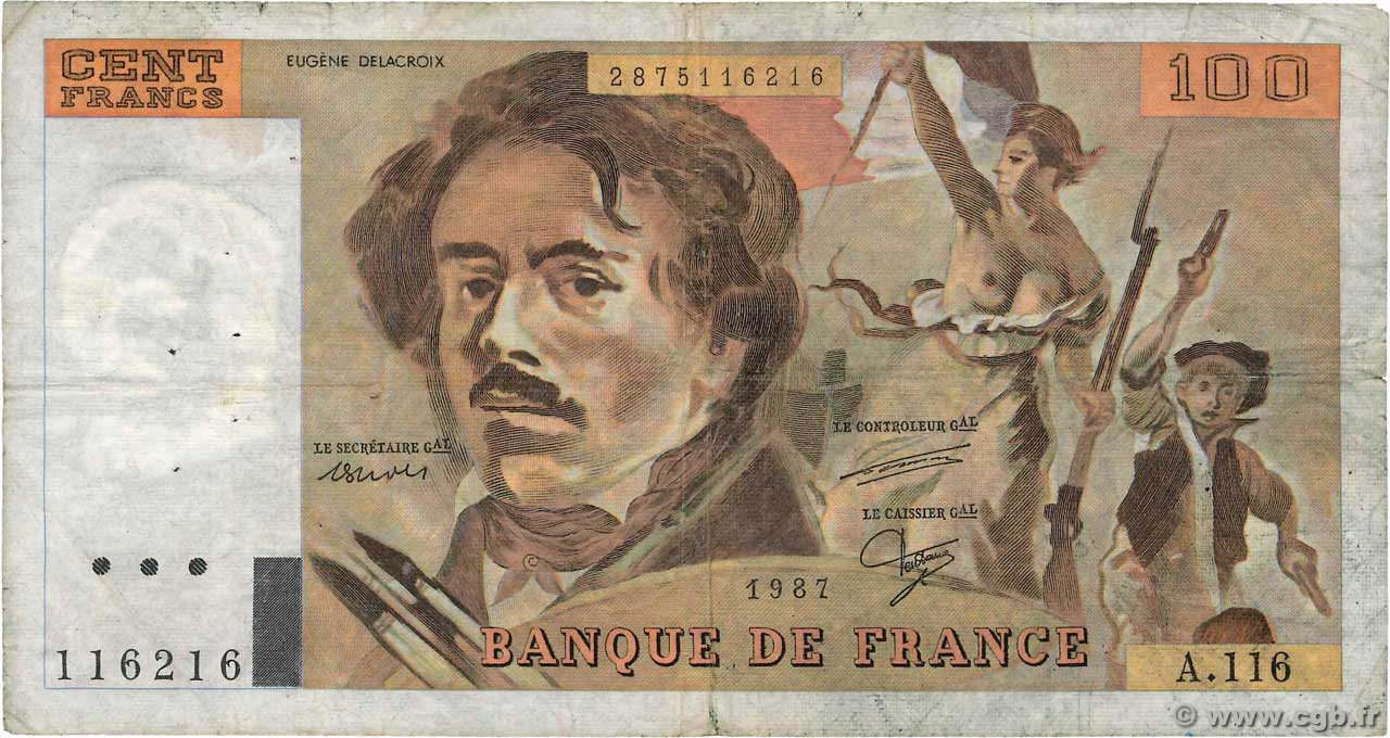 100 Francs DELACROIX modifié FRANCE  1987 F.69.11A116 B+