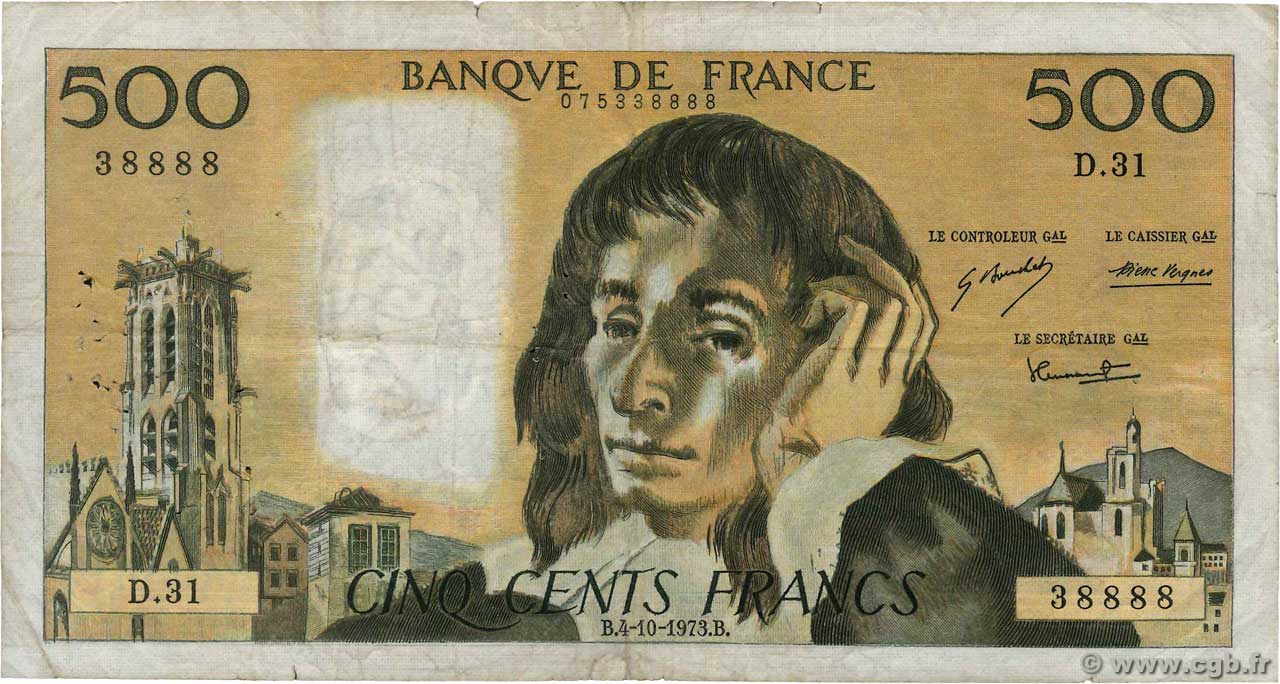 500 Francs PASCAL FRANCE  1973 F.71.09 B