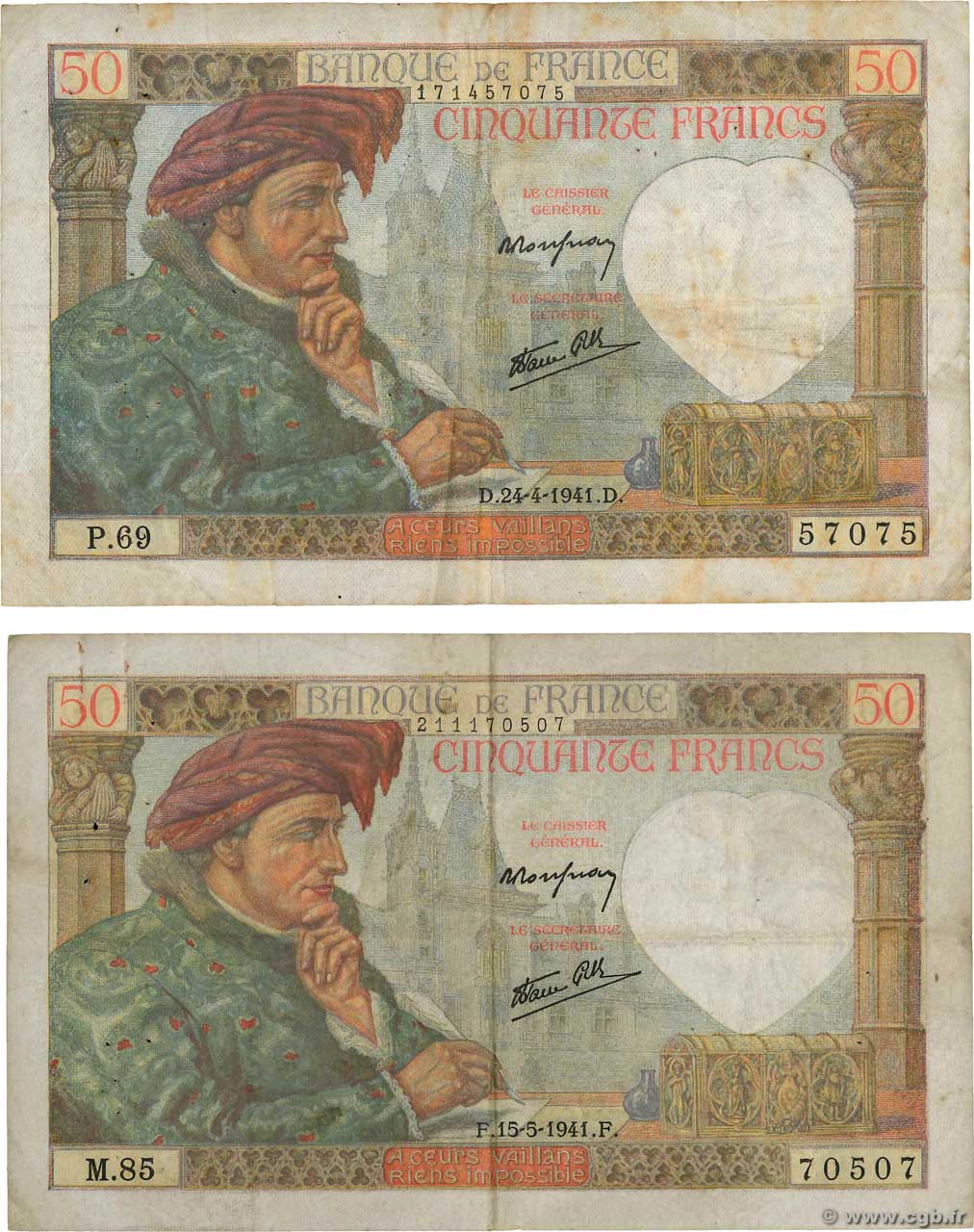 50 Francs JACQUES CŒUR Lot FRANCE  1941 F.19.09 et F.19.11 F