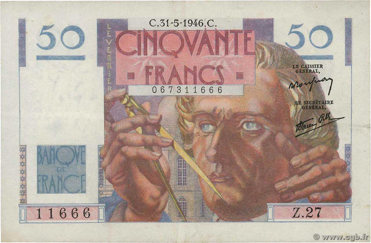 50 Francs LE VERRIER FRANCE  1946 F.20.05 pr.SUP