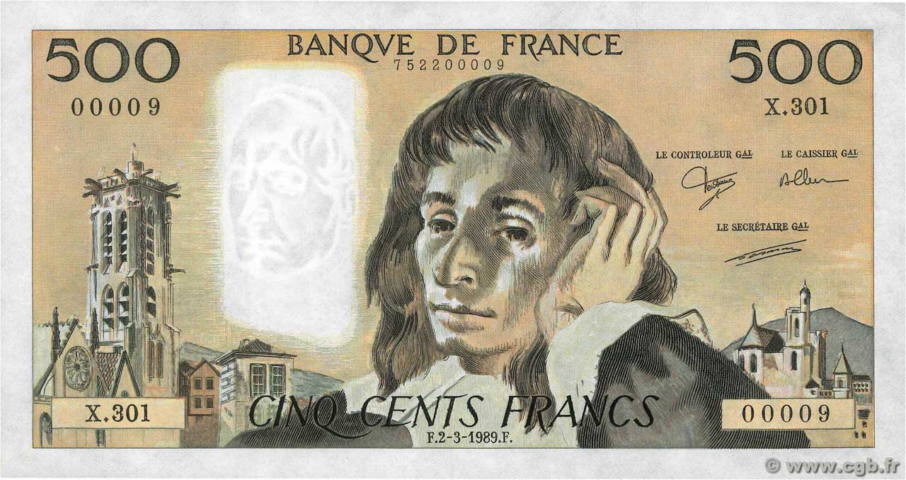 500 Francs PASCAL Petit numéro FRANCIA  1989 F.71.41 AU+