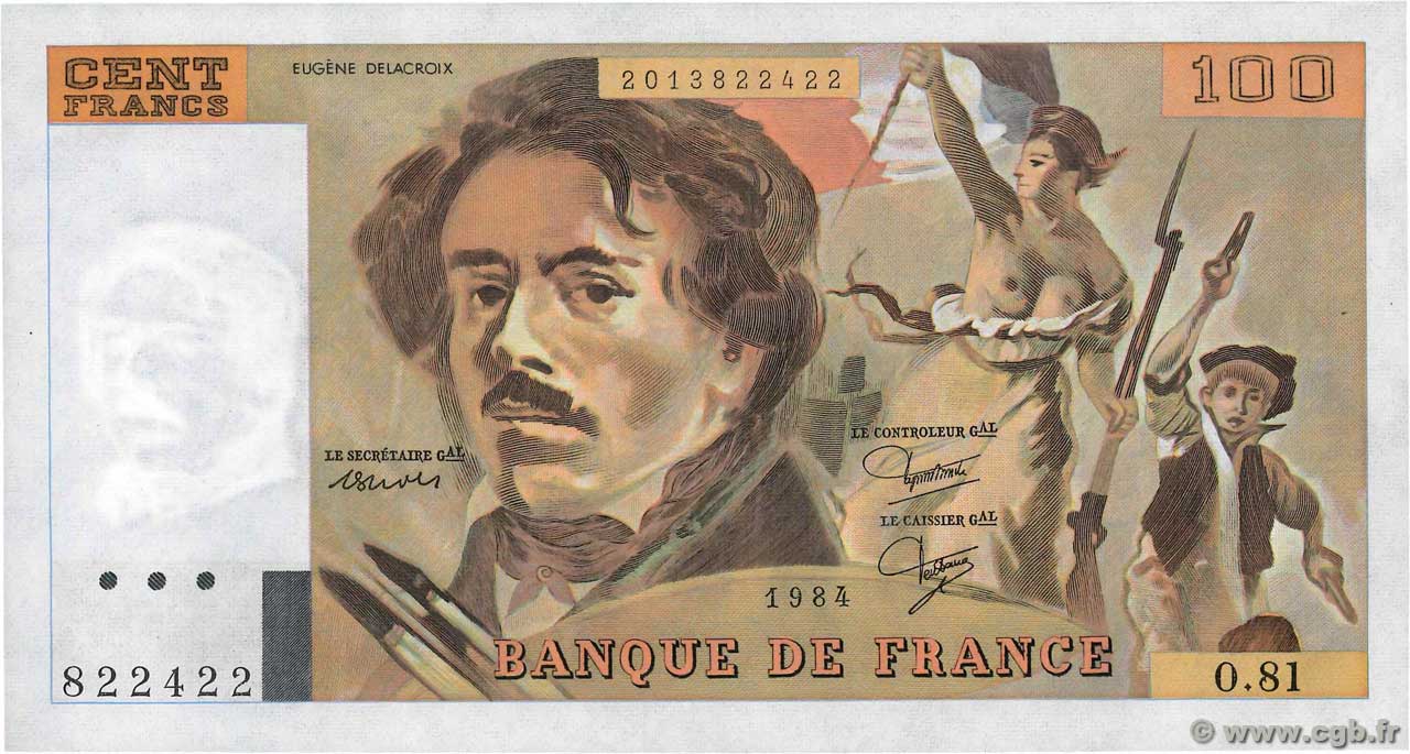 100 Francs DELACROIX modifié FRANCE  1984 F.69.08a SPL