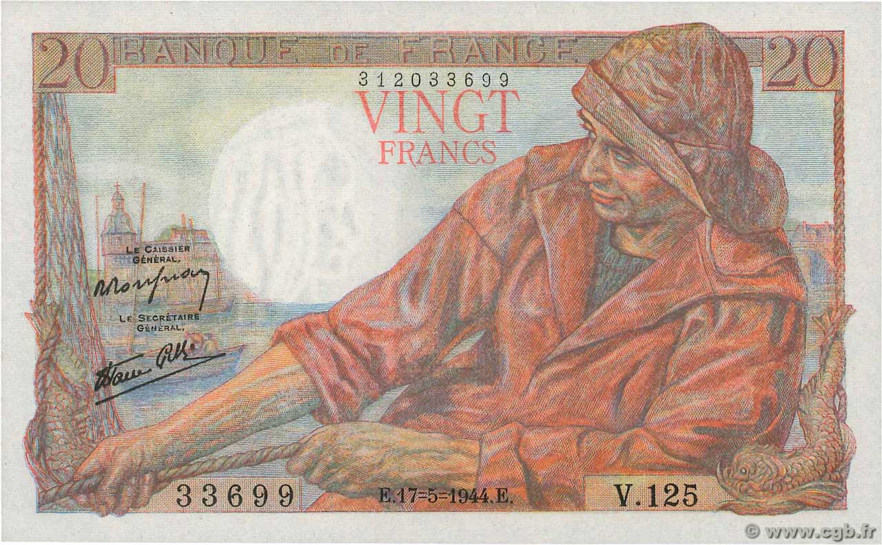 20 Francs PÊCHEUR FRANCE  1944 F.13.09 pr.NEUF