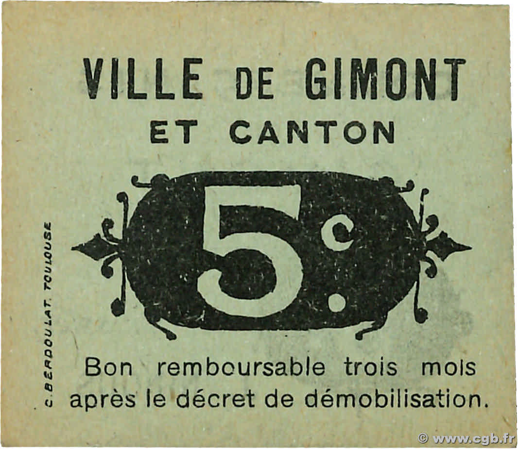 5 Centimes FRANCE régionalisme et divers Gimont 1914 JP.32-049 TTB