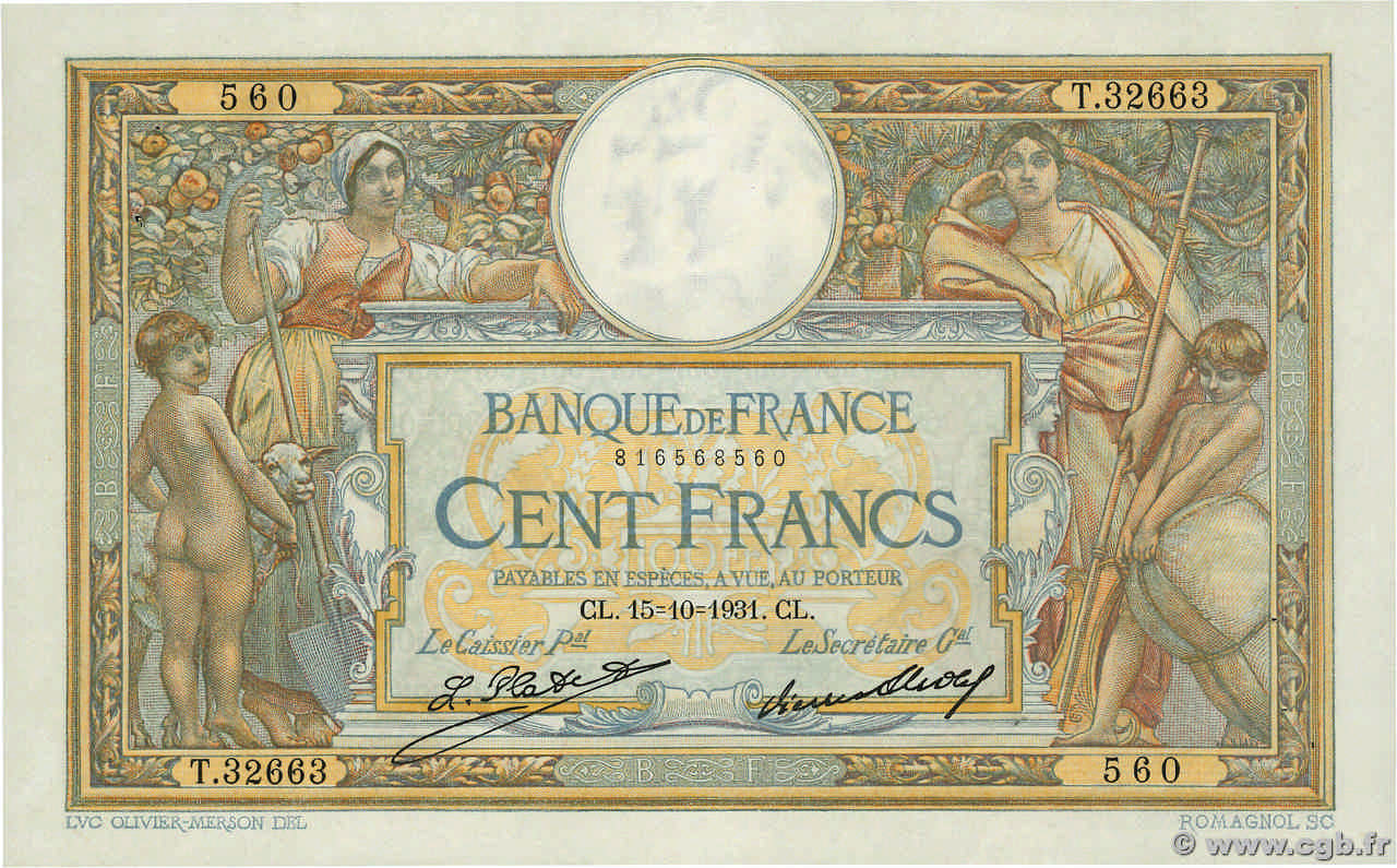 100 Francs LUC OLIVIER MERSON grands cartouches FRANCE  1931 F.24.10 XF