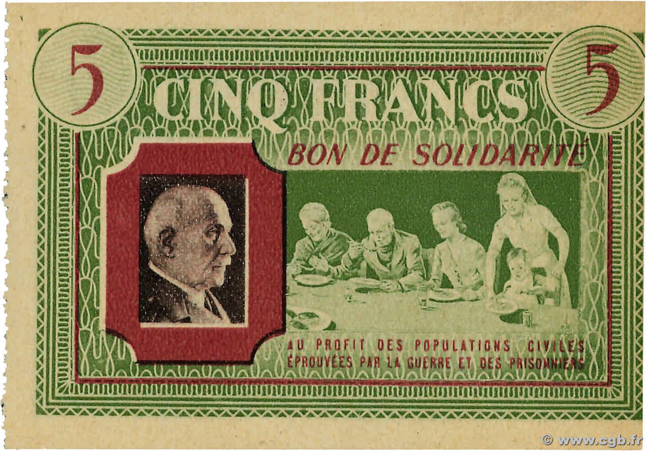 5 Francs BON DE SOLIDARITÉ FRANCE régionalisme et divers  1941 KL.05A SPL