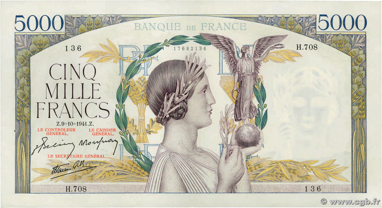 5000 Francs VICTOIRE Impression à plat FRANCE  1941 F.46.27 XF+