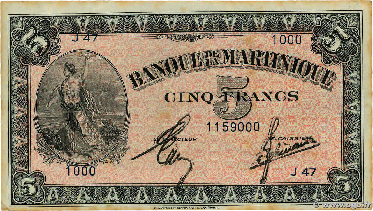 5 Francs MARTINIQUE  1942 P.16b TTB+