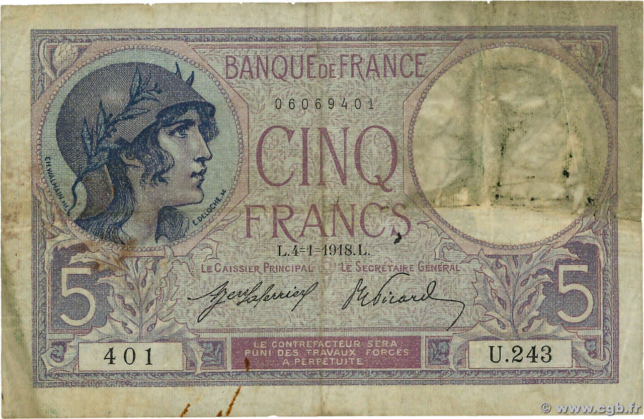 5 Francs FEMME CASQUÉE FRANCE  1918 F.03.02 TB