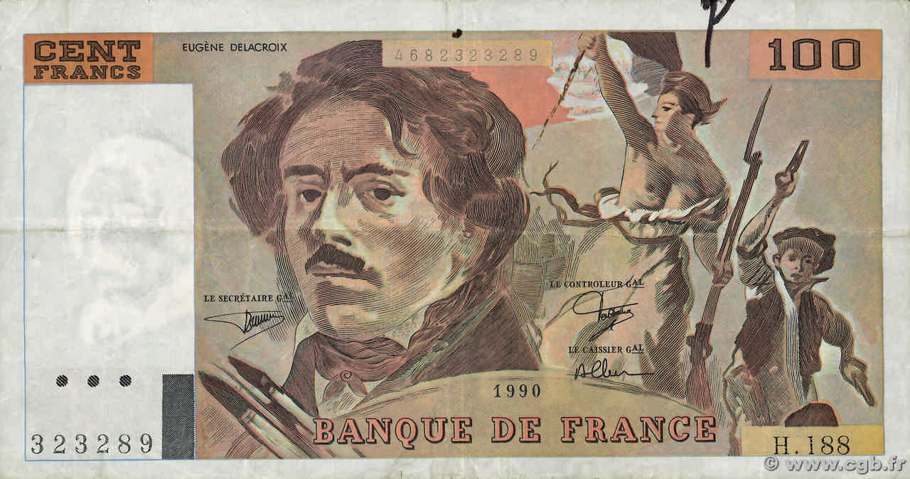 100 Francs DELACROIX imprimé en continu FRANCE  1990 F.69bis.02e1 TB