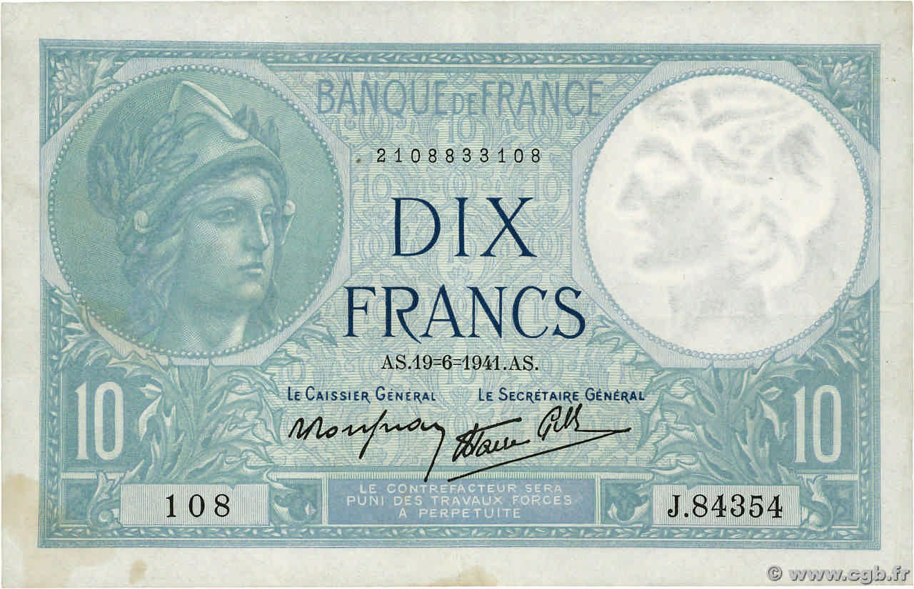 10 Francs MINERVE modifié FRANCE  1941 F.07.29 TTB