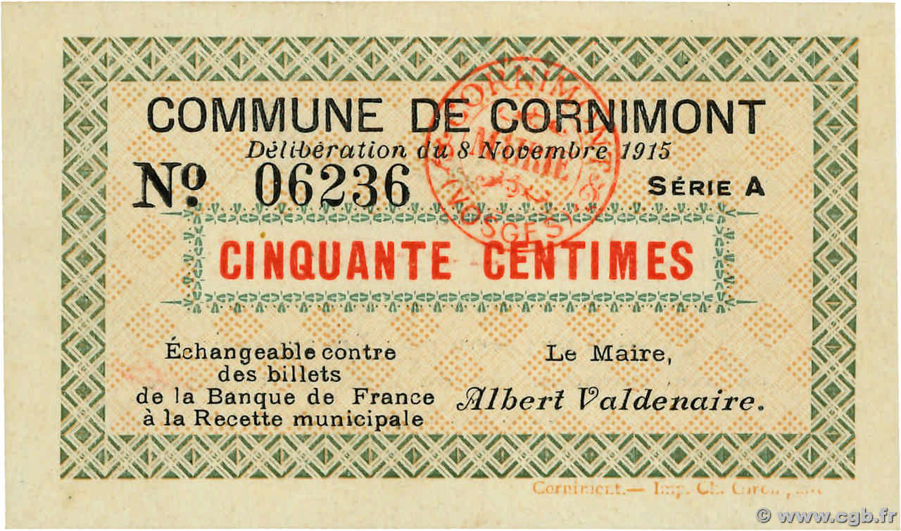 50 Centimes FRANCE régionalisme et divers Cornimont 1915 JP.88-011 NEUF