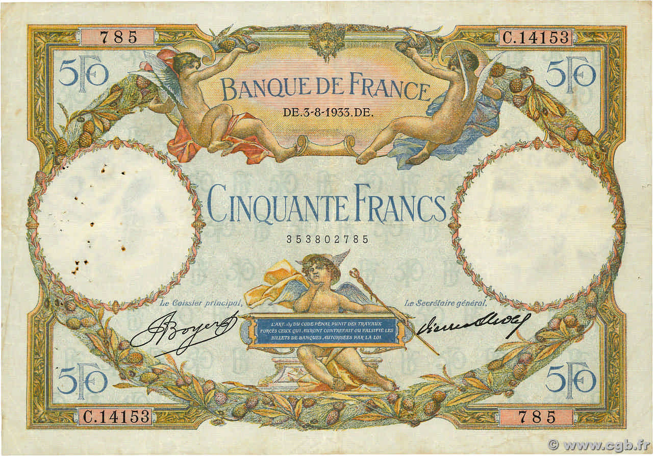 50 Francs LUC OLIVIER MERSON type modifié FRANCIA  1933 F.16.04 MB