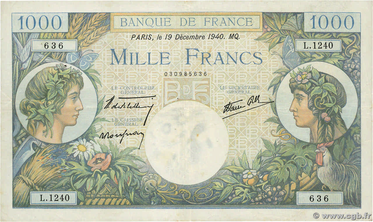 1000 Francs COMMERCE ET INDUSTRIE FRANCE  1940 F.39.03 pr.TTB