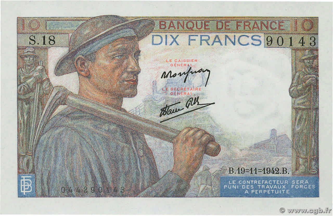 10 Francs MINEUR FRANCE  1942 F.08.05 pr.NEUF