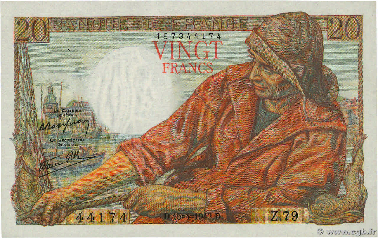 20 Francs PÊCHEUR FRANCE  1943 F.13.06 SPL