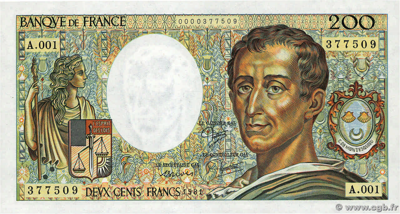 200 Francs MONTESQUIEU FRANCE  1981 F.70.01A1 UNC-