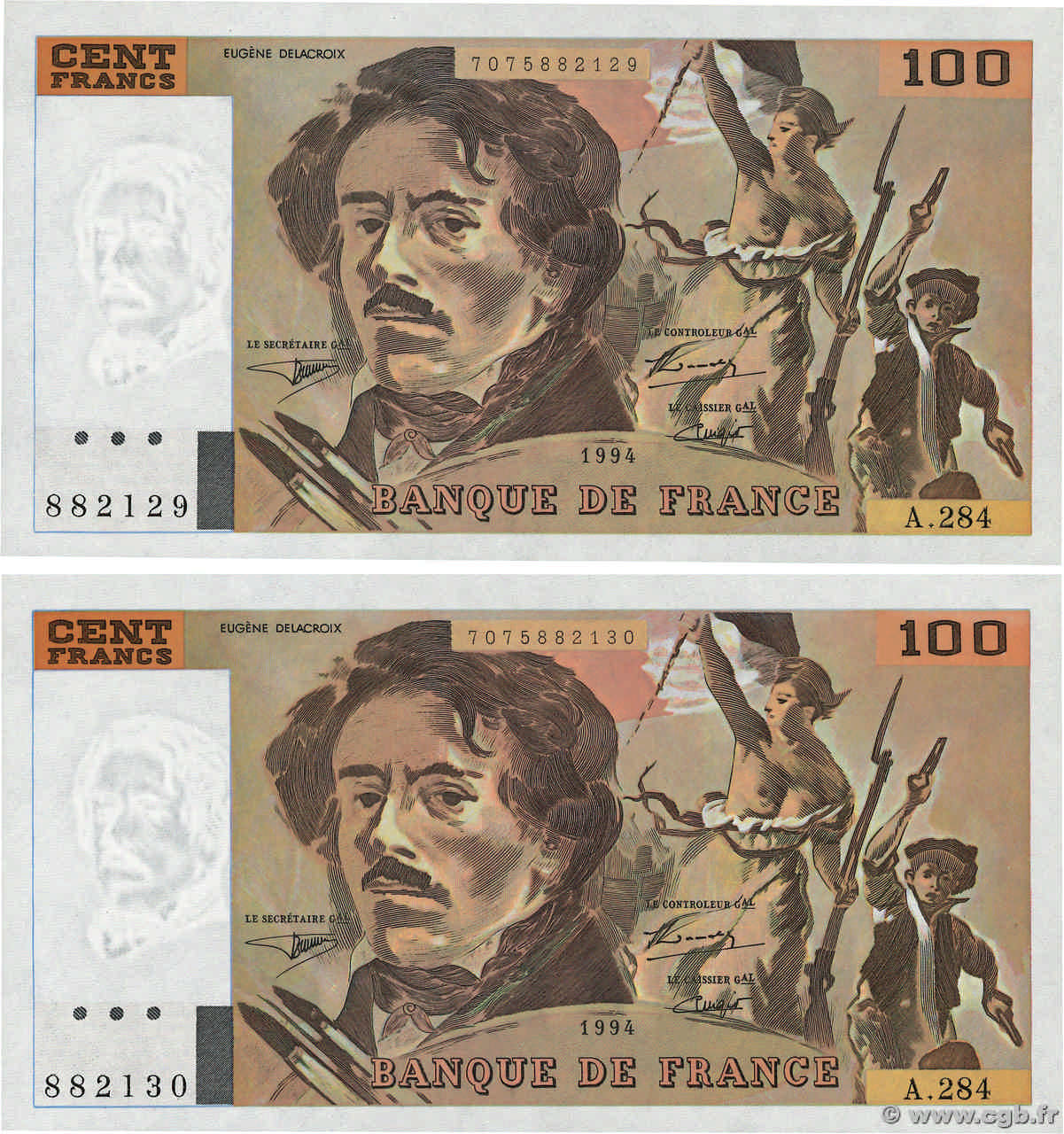 100 Francs DELACROIX 442-1 & 442-2 Consécutifs FRANCE  1994 F.69ter.01c pr.NEUF