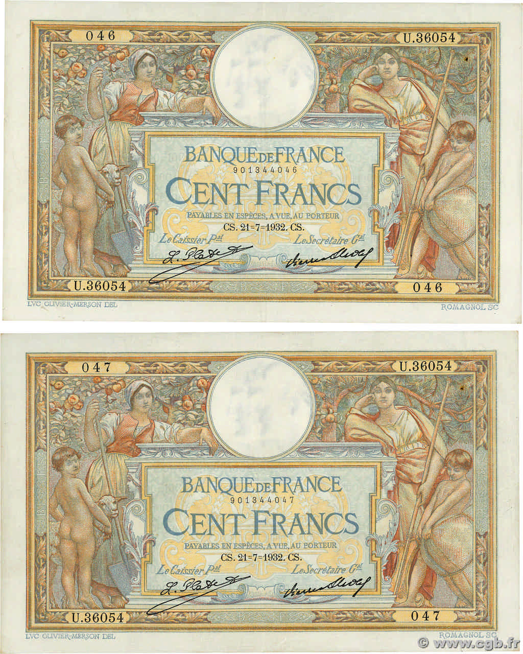 100 Francs LUC OLIVIER MERSON grands cartouches Consécutifs FRANKREICH  1932 F.24.11 VZ