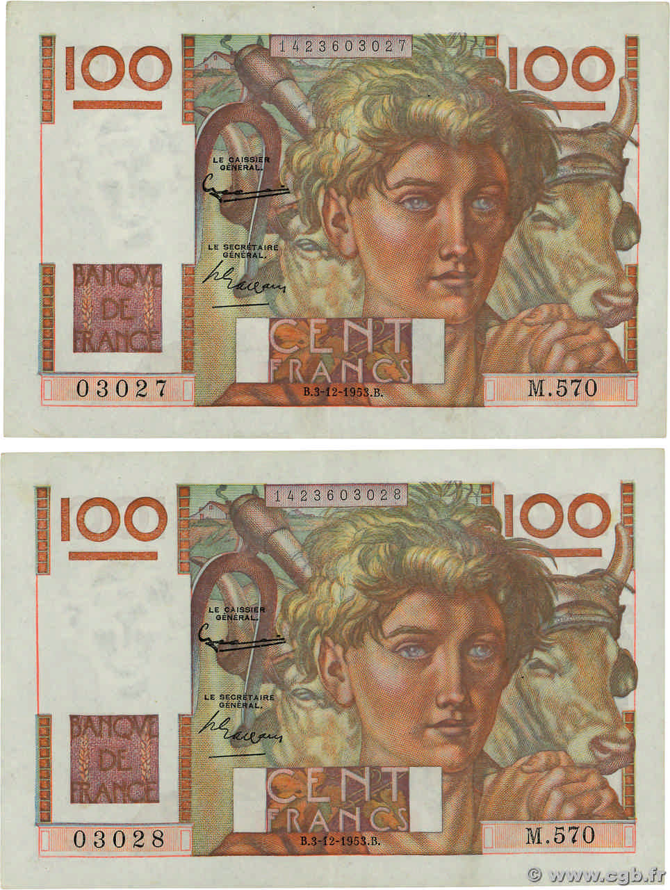 100 Francs JEUNE PAYSAN Consécutifs FRANCIA  1953 F.28.40 BB
