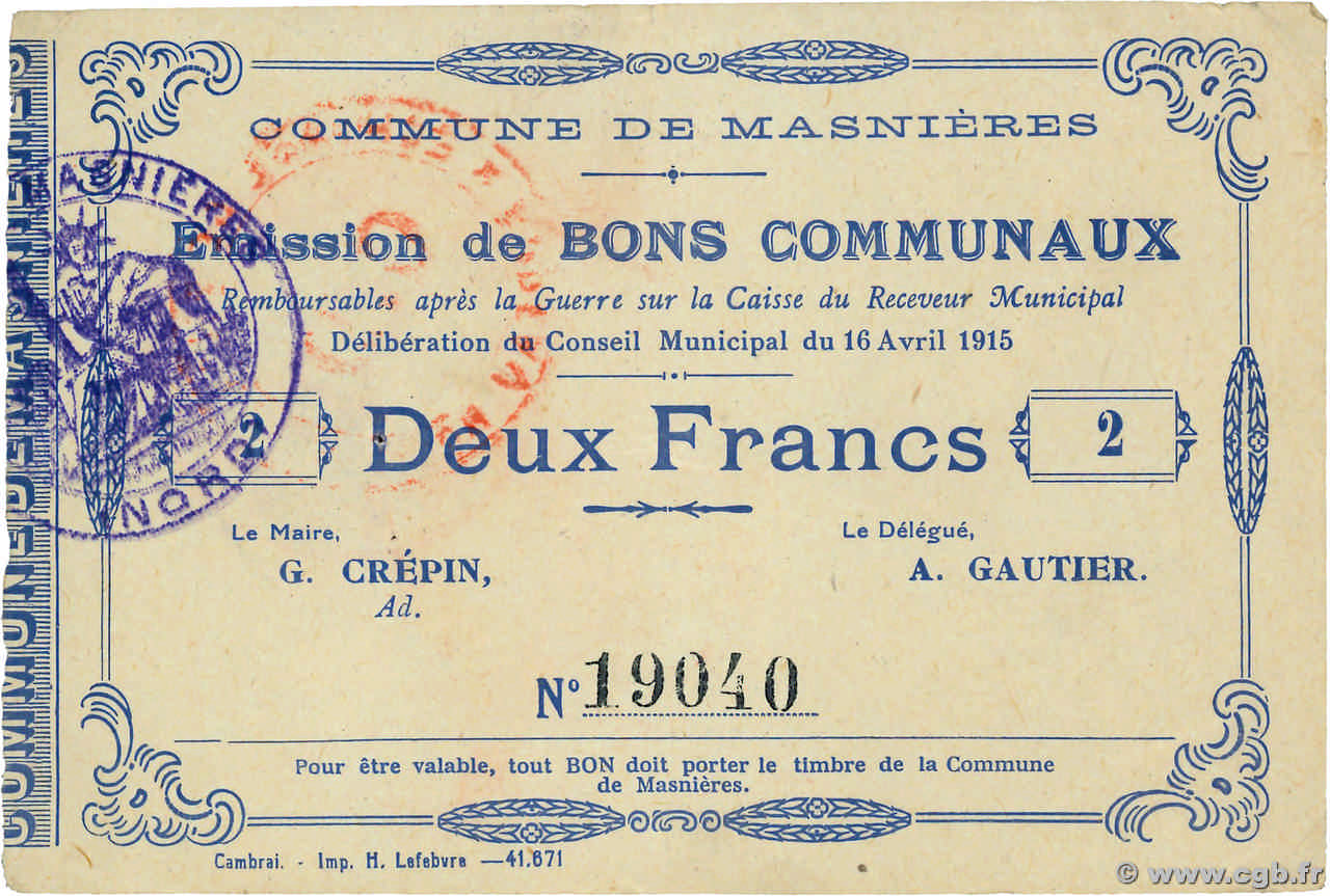 2 Francs FRANCE regionalismo e varie Masnieres 1915 JP.59-1801 BB