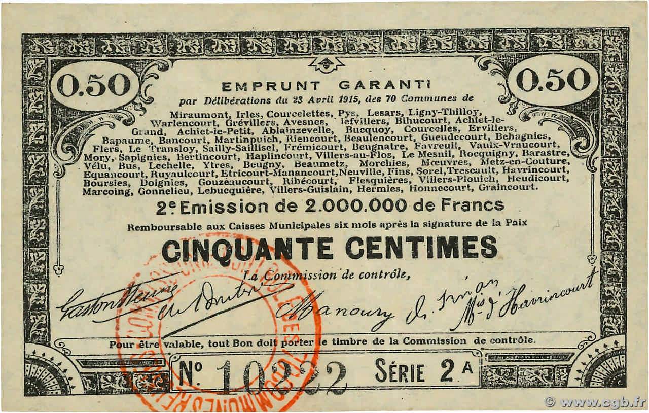 50 Centimes FRANCE régionalisme et divers 70 Communes 1915 JP.62-0069 SUP