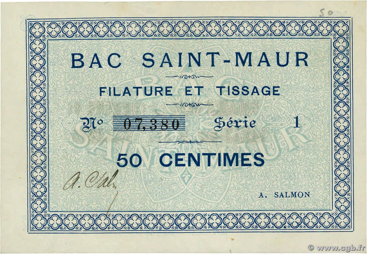 50 Centimes FRANCE regionalismo e varie Bac Saint-Maur 1914 JP.62-0050 AU