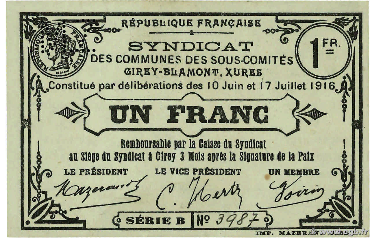 1 Franc FRANCE regionalismo e varie Girey-Blamont, Xures 1916 JP.54-016 AU