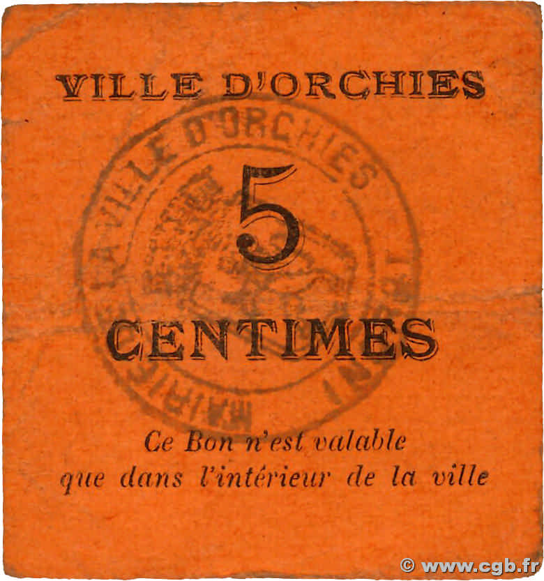 5 Centimes FRANCE régionalisme et divers Orchies 1915 JP.59-3101 TB