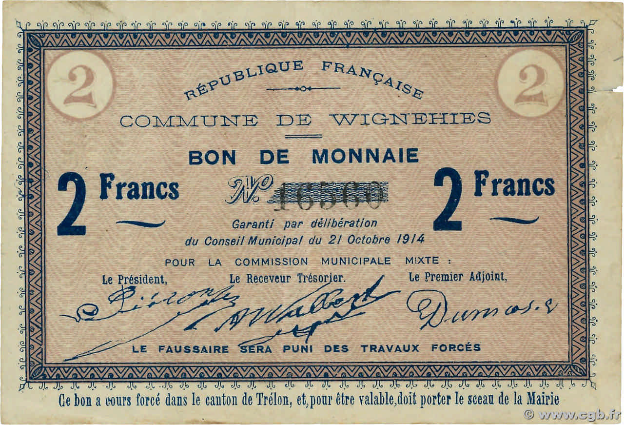 2 Francs FRANCE régionalisme et divers Wignehies 1914 JP.59-2794 TB