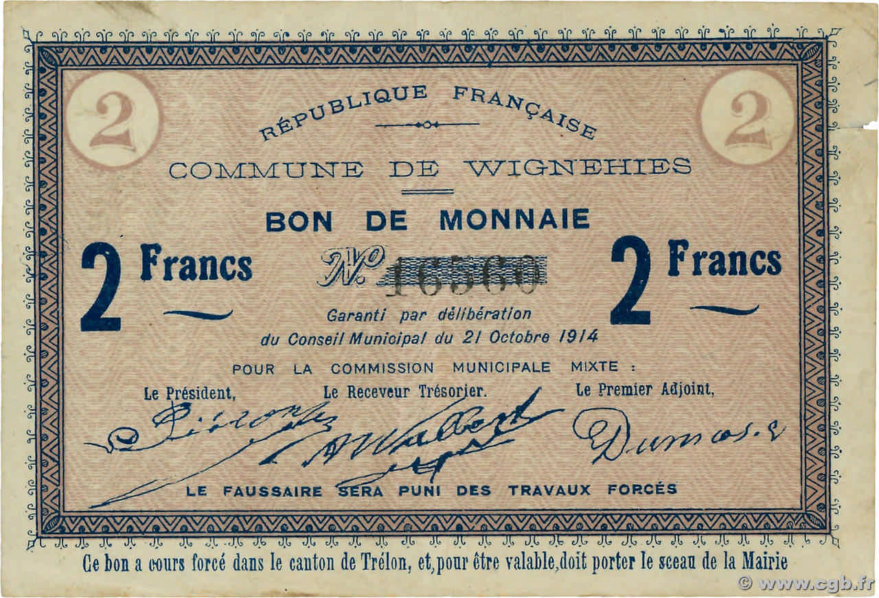 2 Francs FRANCE regionalismo e varie Wignehies 1914 JP.59-2794 MB
