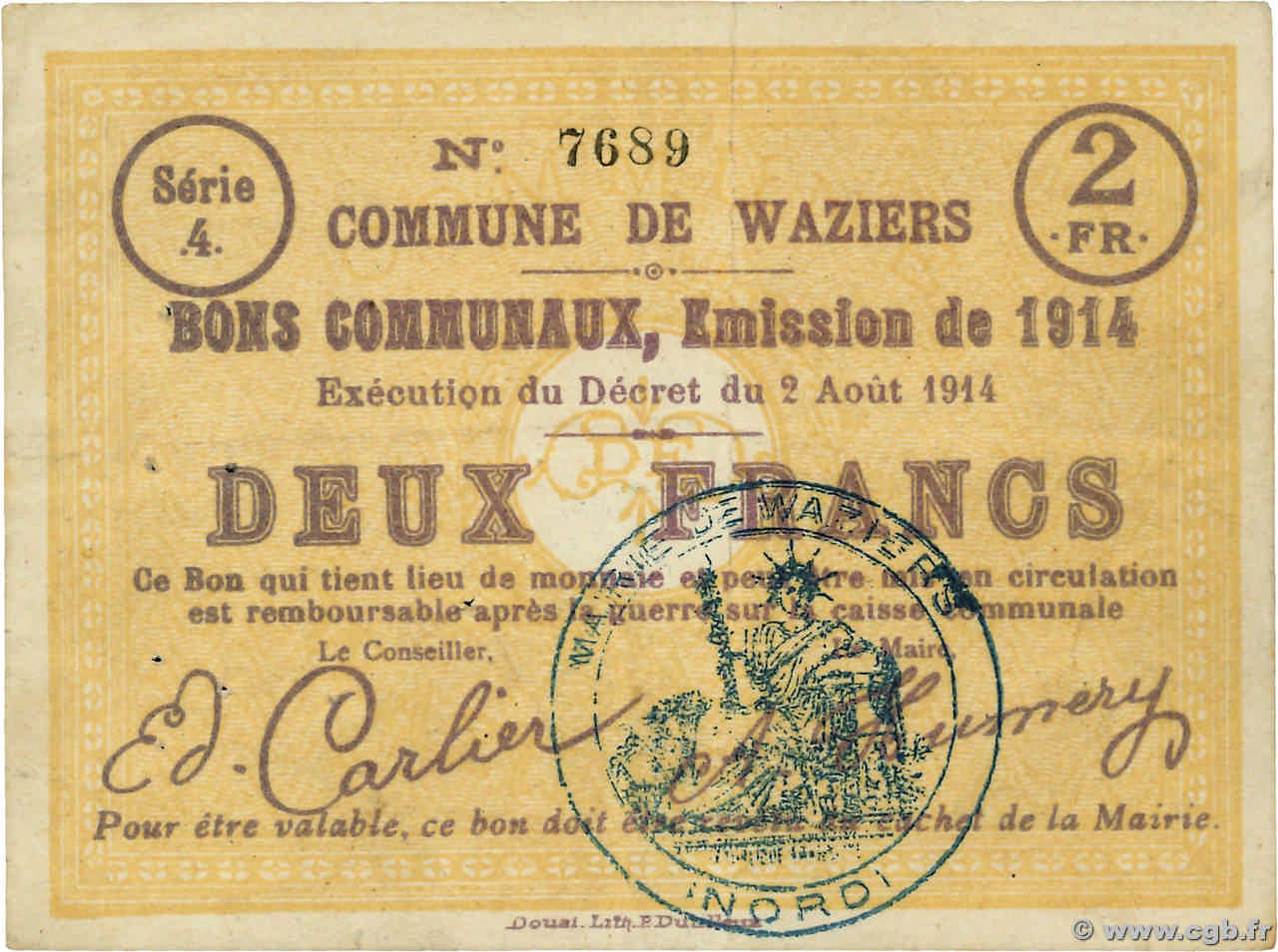 2 Francs FRANCE regionalismo e varie Waziers 1914 JP.59-2785 BB