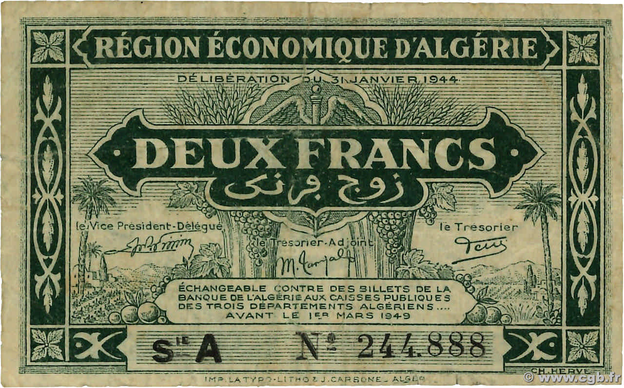 2 Francs ALGÉRIE  1944 P.099a TB