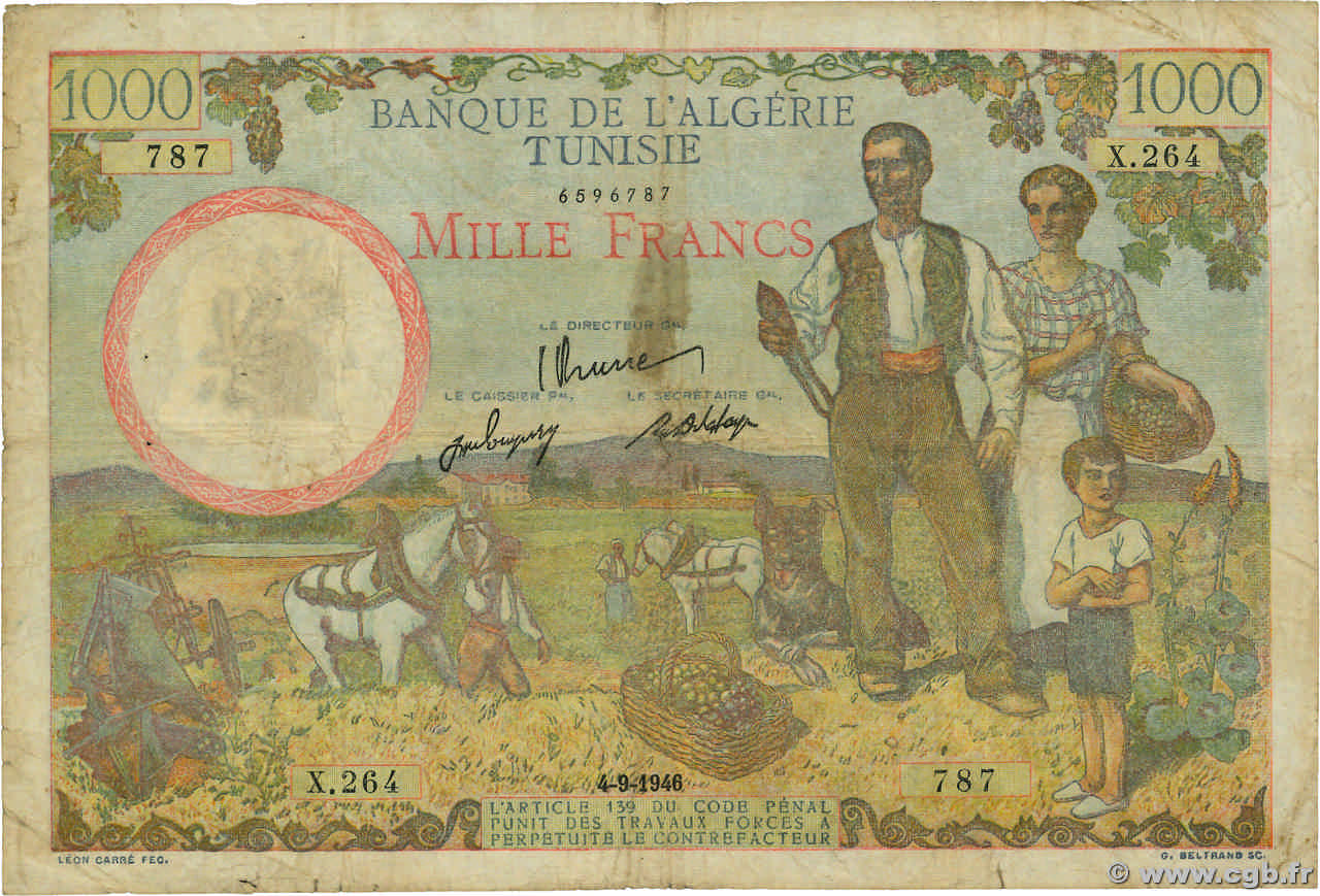 1000 Francs TUNISIA  1946 P.26 VG