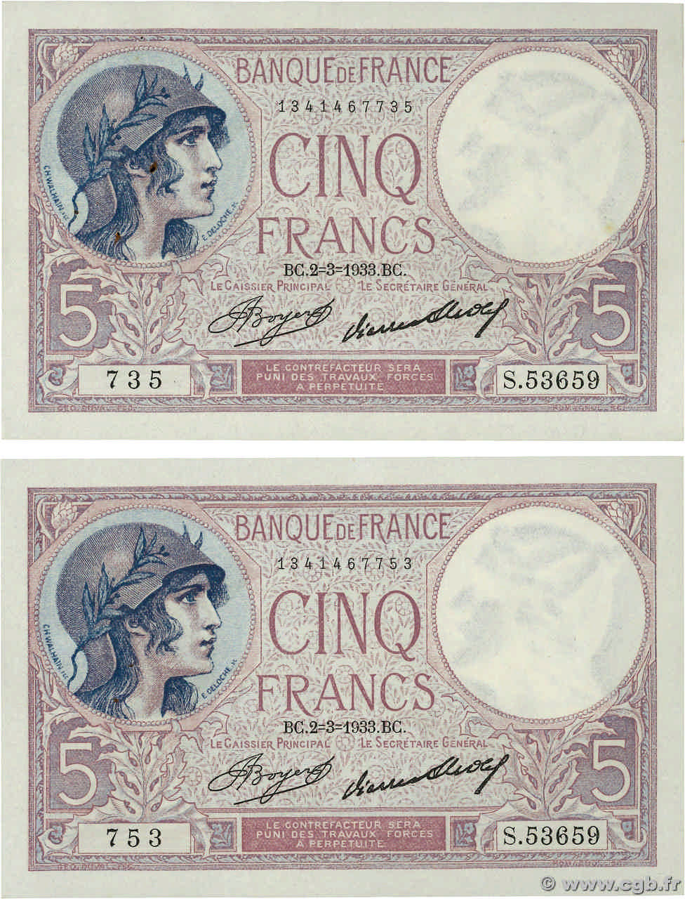 5 Francs FEMME CASQUÉE Lot FRANCE  1933 F.03.17 AU-