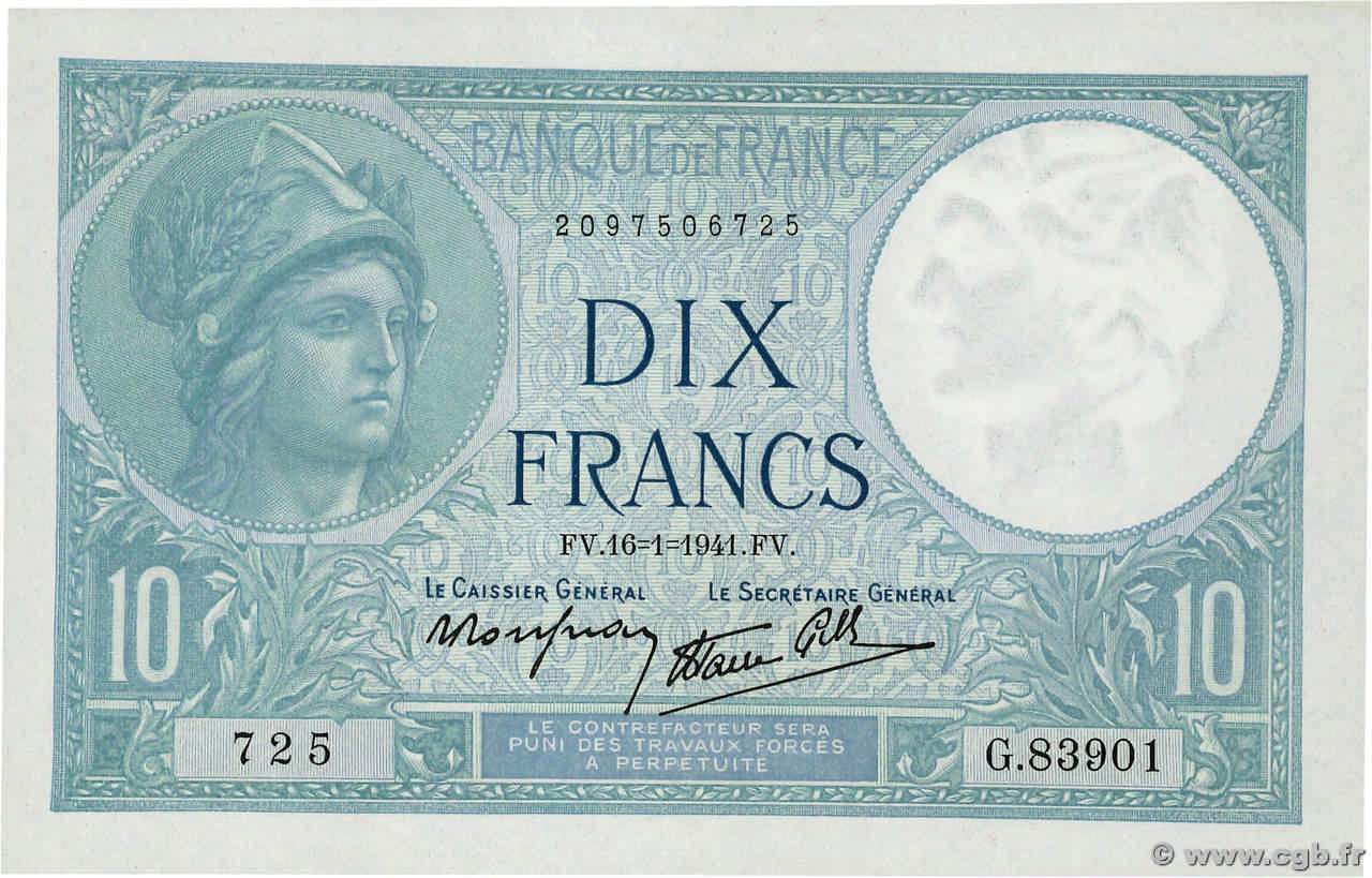 10 Francs MINERVE modifié FRANCE  1941 F.07.28 pr.NEUF