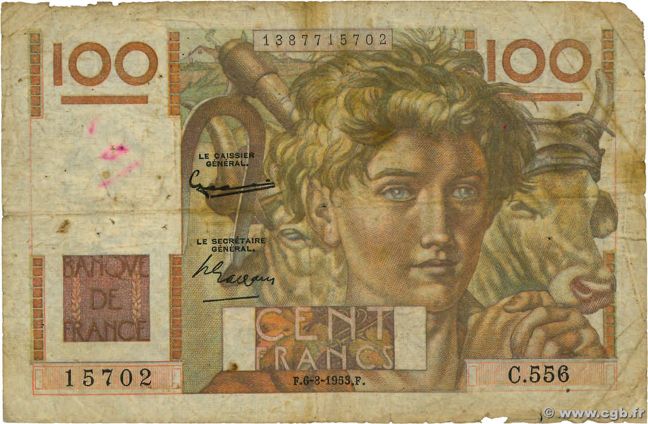 100 Francs JEUNE PAYSAN filigrane inversé FRANCE  1952 F.28bis.02 pr.B