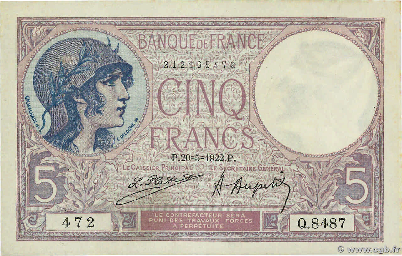 5 Francs FEMME CASQUÉE FRANCE  1922 F.03.06 XF-