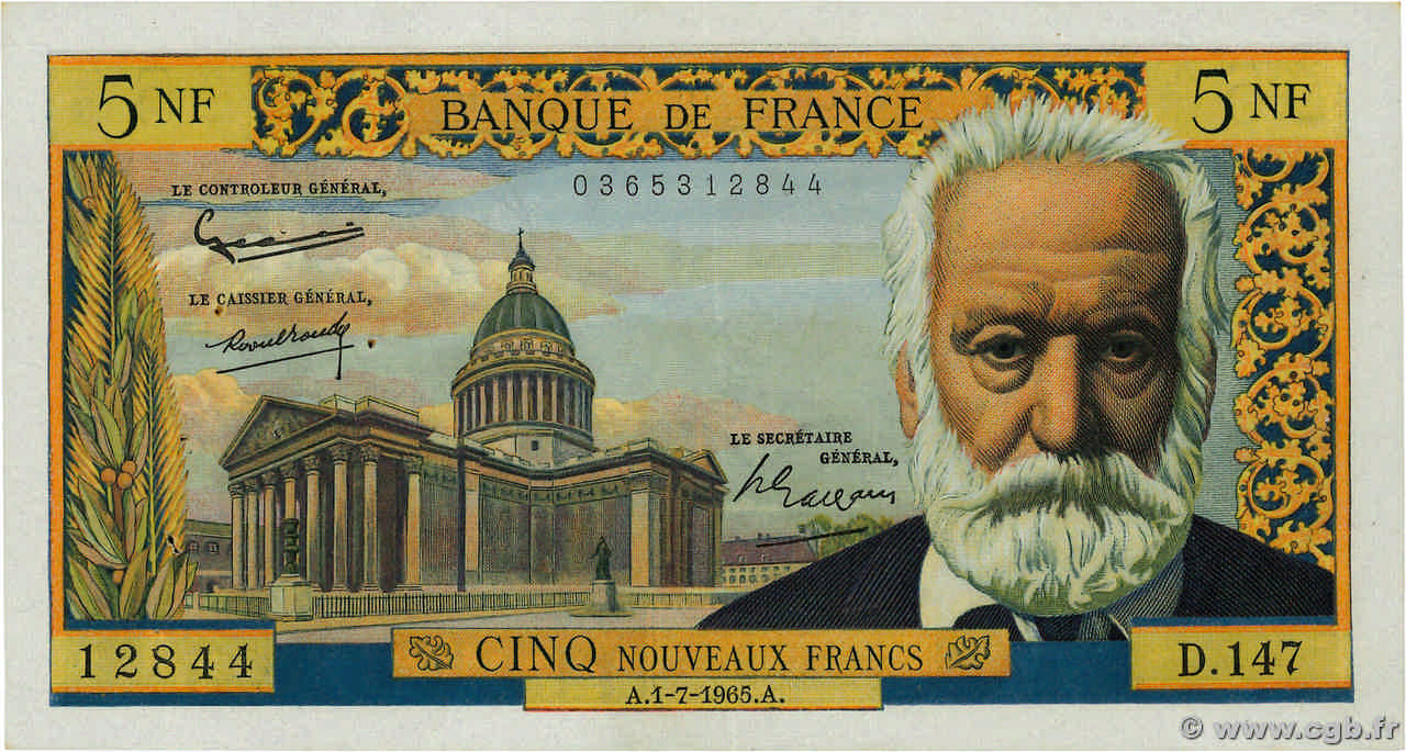 5 Nouveaux Francs VICTOR HUGO FRANCE  1965 F.56.19 SUP